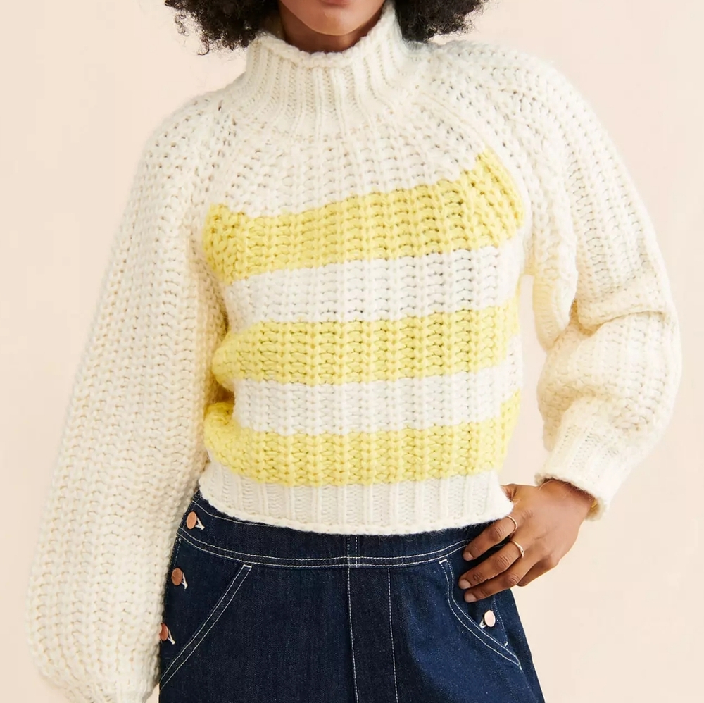 Wrangler Balloon Sleeve Knit Sweater Striped White and Yellow Size L
